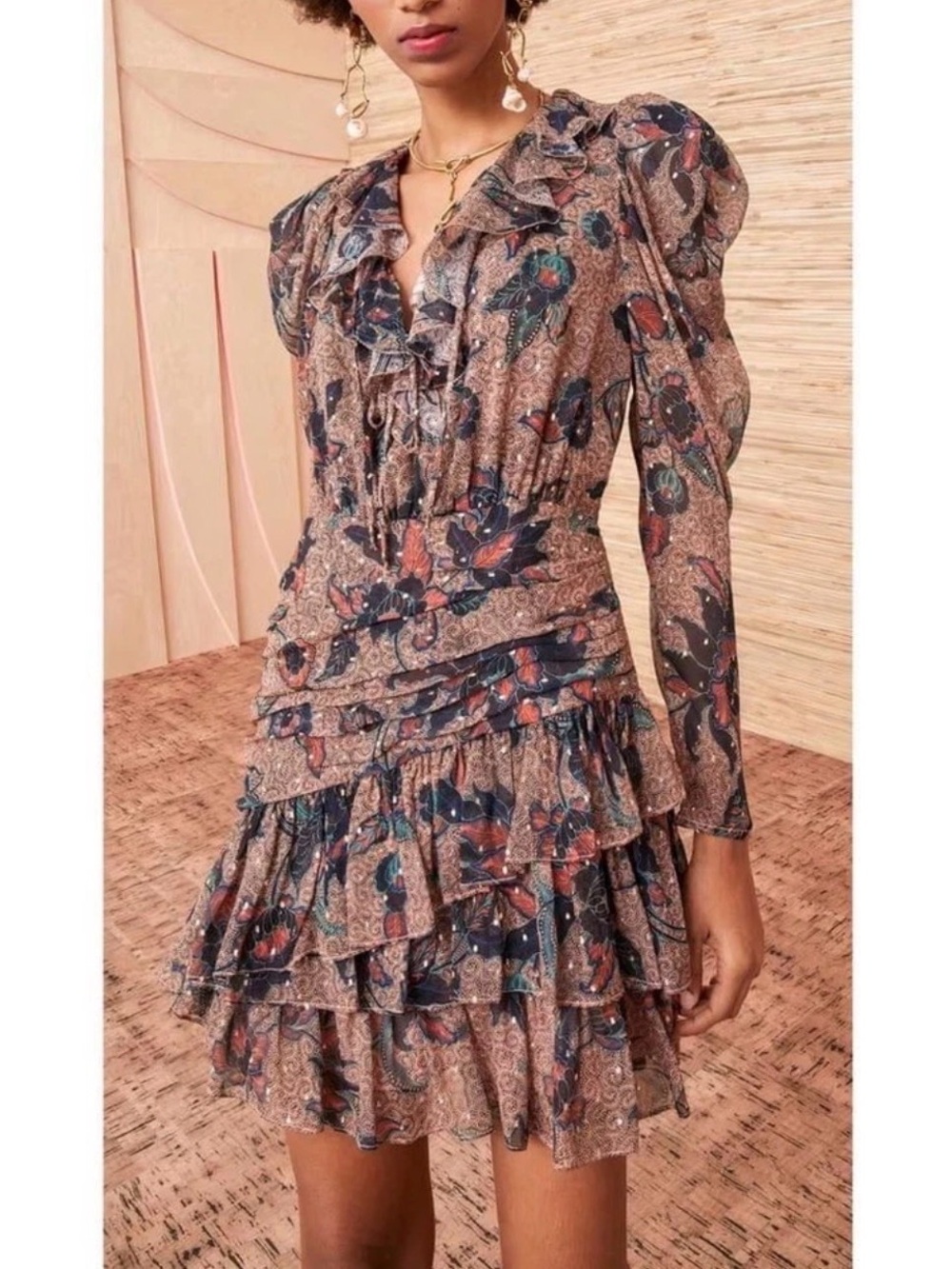 Ulla Johnson Paisley Ruffle Tiered Mini Dress in Brown and Blue